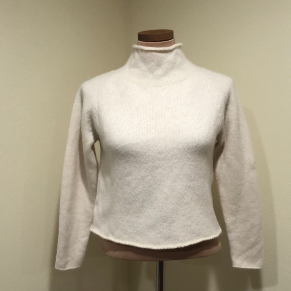 MJ Watson Cashmere Cropped Sweater Size Large Cream Funnel Neck Pullover - Picture 2 of 11